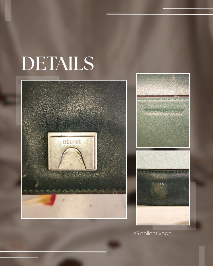 Celine Leather Handbag (Category: Luxury Bags & Wallets) located in Paranaque City. Submitted by arcollective.ph (Listing ID 1425406053, Image 2). Description: Celine handbag. Features a two-tone design with a green and light blue color scheme. The bag has a rectangular shape with a flap closure. Details include a Celine logo on the front and "Made in Italy" stamp..