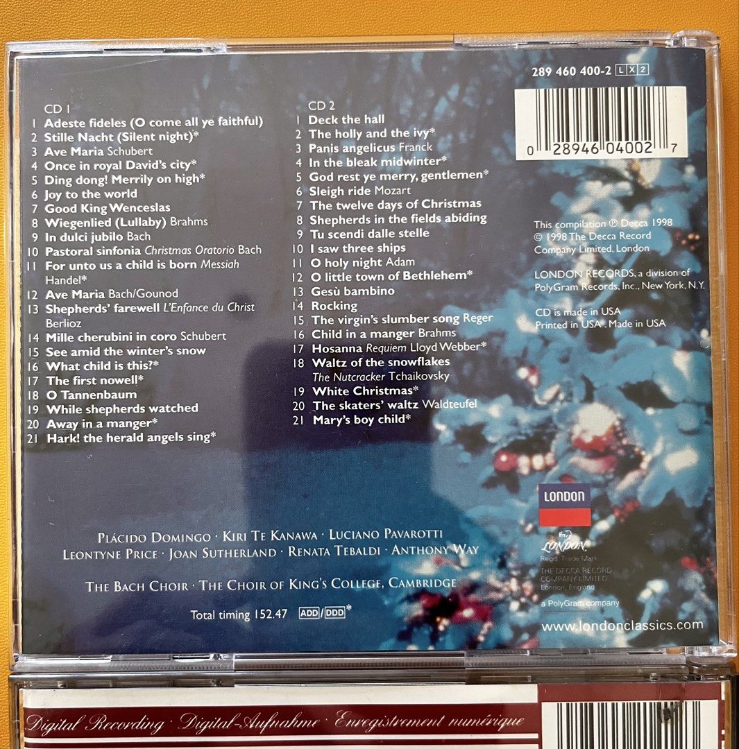 Classical Christmas CD set of 2 (Category: CDs & DVDs) located in Quezon City. Submitted by junkstar2020 (Listing ID 1425252805, Image 2). Description: Original Featuring Placido Domingo, Pavarotti, Joan Sutherland, King’s College Choir, St. Martin in the Fields Chorus 3 hours plus of music .