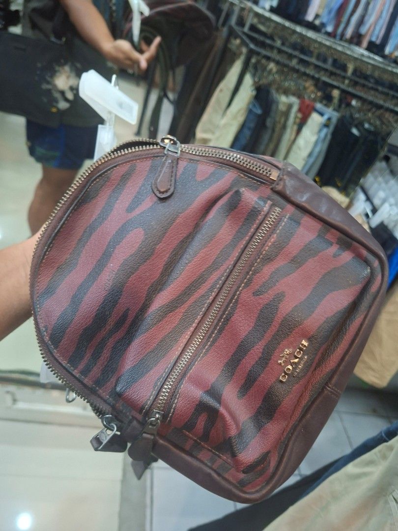 Coach Zebra Print Crossbody Bag (Category: Cross-body Bags) located in Paranaque City. Submitted by stufflykdat (Listing ID 1425324267, Image 1). Description: Coach crossbody bag with a distinctive zebra print design. Features a zippered main compartment and an additional front zippered pocket. The bag has a brown and black color scheme. Includes an adjustable strap for comfortable wear. The zipper has a Coach logo..