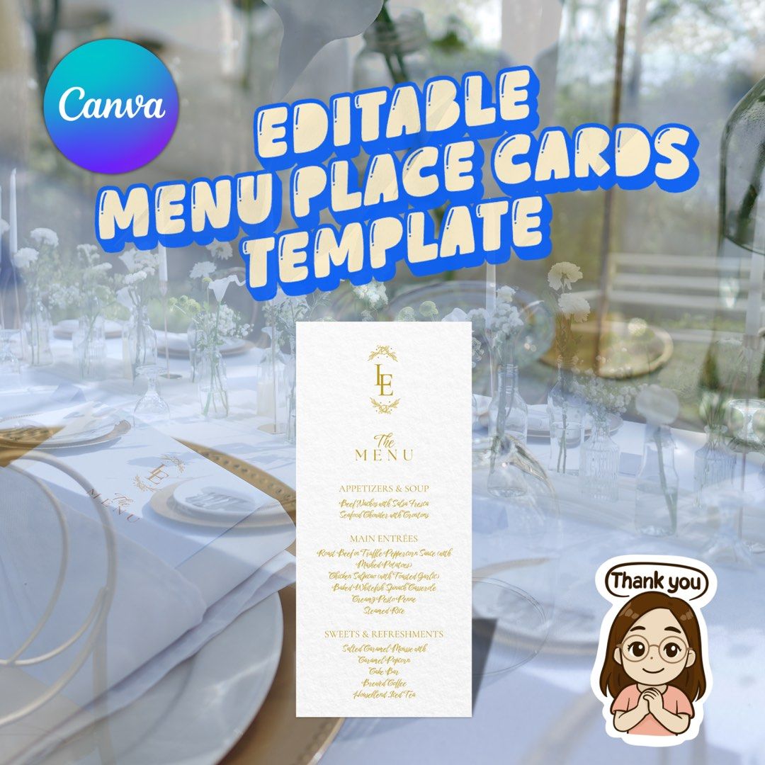 Editable Menu Place Cards Canva Template (Category: Dinnerware & Cutlery) located in Marikina City. Submitted by weheartitwearit (Listing ID 1425332535, Image 1). Description: Make your wedding tables unforgettable with this beautifully designed Wedding Menu Place Card Template. Perfect for couples who want stress-free, professional-looking stationery without hiring a designer. ✨ Features: Fully editable in Canva (Free account works!) Size: 4×9 i
