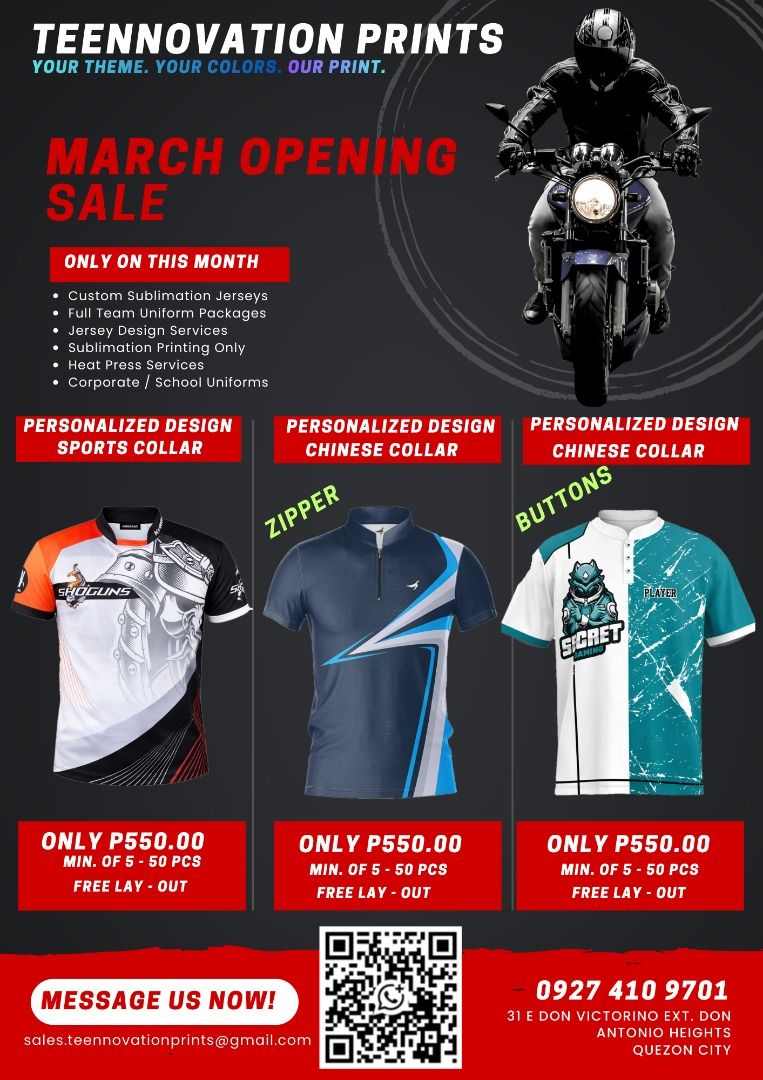 Full Sublimation Jerseys (Category: Activewear) located in Quezon City. Submitted by rombomaqui (Listing ID 1425324692, Image 3). Description: “Looking for quality sublimation jerseys? We’ve got you covered—bulk or solo orders! ✔️👕” ✅ Full Sublimation Printing – Design is dyed into the fabric (NO cracking, NO peeling, NO fading) ✅ Breathable & Lightweight Fabric – Comfortable even in intense games ✅ 100% Custom Design – Your theme, colors, name,