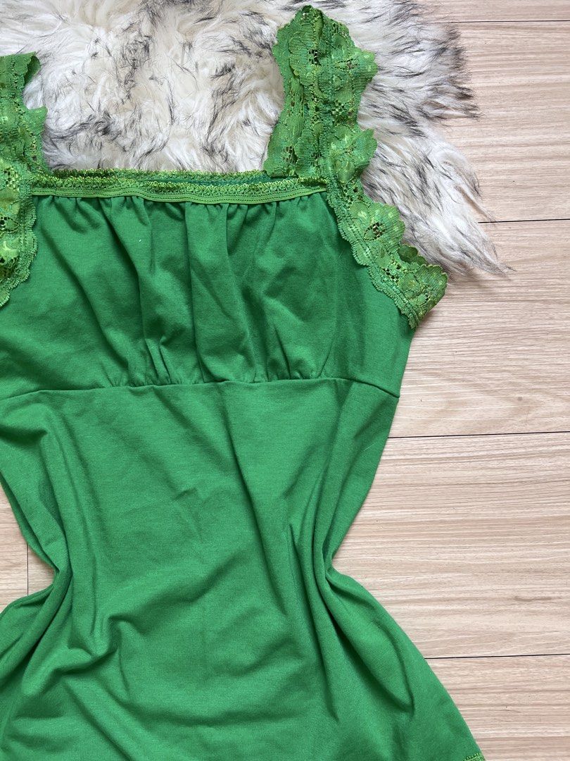 Green Lace Trim Tank Top (Category: Sleeveless) located in Manila. Submitted by recobyyna (Listing ID 1425435458, Image 2). Description: SIZE MED - SEMI LARGE Green tank top features lace trim on the straps and hem. It has a square neckline and a gathered detail under the bust. .