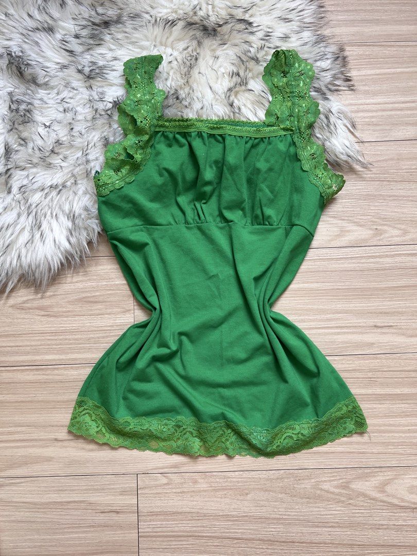 Green Lace Trim Tank Top (Category: Sleeveless) located in Manila. Submitted by recobyyna (Listing ID 1425435458, Image 3). Description: SIZE MED - SEMI LARGE Green tank top features lace trim on the straps and hem. It has a square neckline and a gathered detail under the bust. .