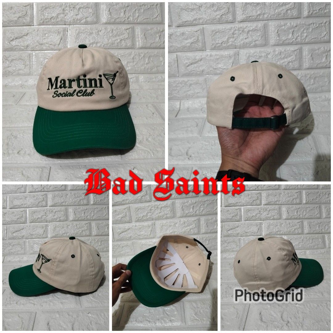 Martini Social Club Cap (Category: Caps & Hats) located in Manila. Submitted by badsaints (Listing ID 1425305208, Image 1). Description: Cap features a cream-colored crown with a green brim. The front displays the "Martini Social Club" logo. The cap has an adjustable strap at the back for a comfortable fit. The interior has a leaf-like design. A classic and stylish accessory for any casual outfit..