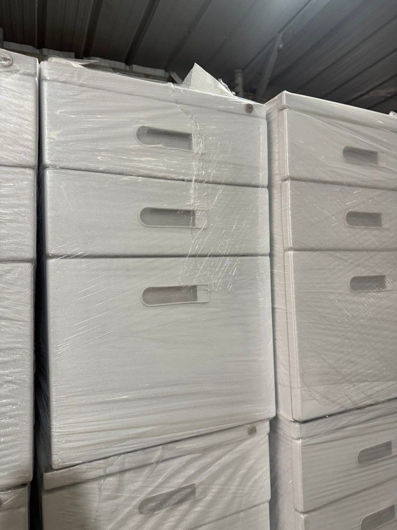 Metal Drawer Cabinet - White and Gray (Category: Shelves, Cabinets & Racks) located in Binan City. Submitted by plesisrhin96177 (Listing ID 1425425488, Image 2). Description: Durable metal drawer cabinets available in white and gray. Each cabinet has three drawers with handles and a lock. The cabinets are stackable and suitable for office or home use. They are ideal for organizing documents, supplies, or personal items. Available in multiple quan
