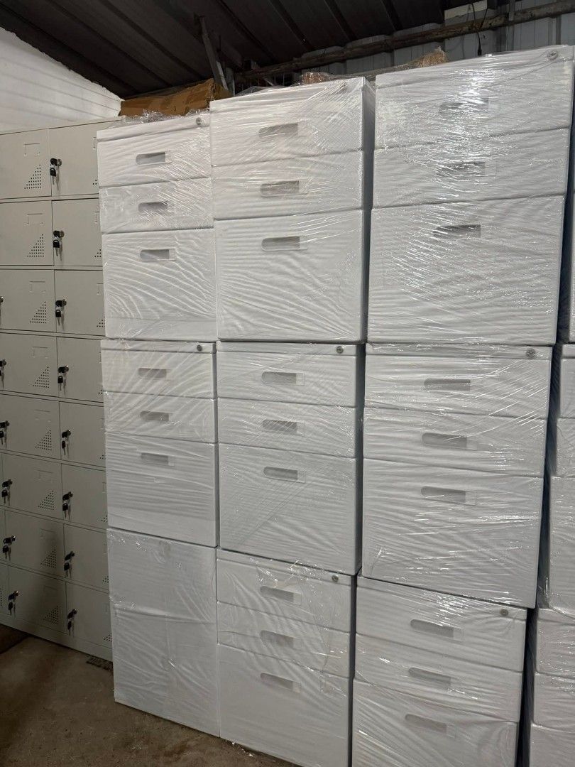 Metal Drawer Cabinet - White and Gray (Category: Shelves, Cabinets & Racks) located in Binan City. Submitted by plesisrhin96177 (Listing ID 1425425488, Image 1). Description: Durable metal drawer cabinets available in white and gray. Each cabinet has three drawers with handles and a lock. The cabinets are stackable and suitable for office or home use. They are ideal for organizing documents, supplies, or personal items. Available in multiple quan