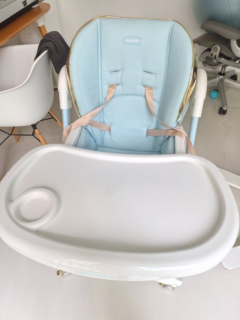 Adjustable Baby Blue High Chair Multifunctional with Wheels Hagaday Infant Toddler Foldable (Category: Baby High Chairs) located in Singapore. Submitted by bubblybunii (Listing ID 1425303500, Image 2). Description: Condition 8/10 Weight around 15kg, self collect at Eunos near mrt - Can be folded: 1 metre tall and 40cm wide - Blue seat with lockable gold wheels - Seat recline options - Chair with 7 adjustable height - Removable food tray.