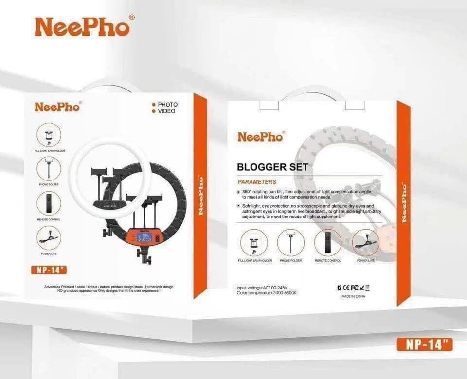 NeePho NP-14 Ring Light Blogger Set (Category: Lighting & Studio Equipment) located in Manila. Submitted by lyfrancois14 (Listing ID 1425266927, Image 2). Description: NeePho NP-14 Led Soft Ring Light With Stand Free bag 36CM with 3 cp holder.