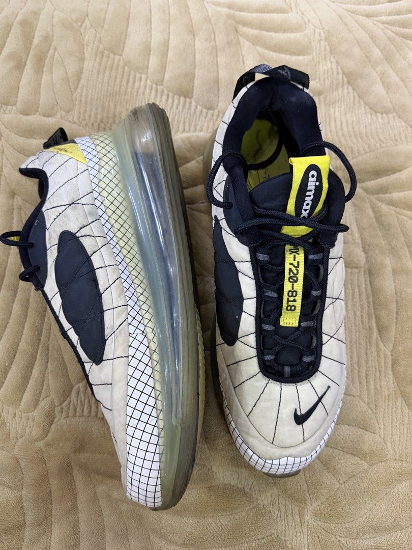 Nike Air Max 720-818 Sneakers (Category: Sneakers) located in Manila. Submitted by branded_preloved14 (Listing ID 1425400780, Image 2). Description: Nike Air Max 720-818 yellow. Features a cream and black quilted upper with a yellow accent on the tongue. Tag shows: Eu 42.5 and US9 No box. Sole in good condition. Sign of use but not abused. Needs washing. .
