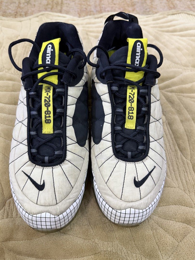 Nike Air Max 720-818 Sneakers (Category: Sneakers) located in Manila. Submitted by branded_preloved14 (Listing ID 1425400780, Image 1). Description: Nike Air Max 720-818 yellow. Features a cream and black quilted upper with a yellow accent on the tongue. Tag shows: Eu 42.5 and US9 No box. Sole in good condition. Sign of use but not abused. Needs washing. .