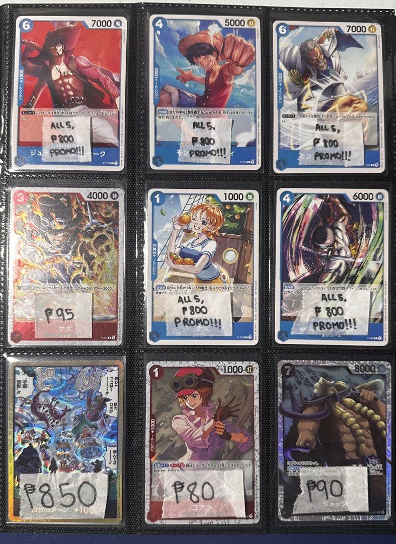 ONE PIECE TCG: PROMOS AND SRs (Category: Raw Singles) located in Quezon City. Submitted by zeus.seus (Listing ID 1425415512, Image 1). Description: ONE PIECE TCG: Promo and SR Cards 🤑 All prices are below market value! 😁 please check pictures for prices. Cards with a star ⭐️ indicate that I have 2 of them available. All cards are well taken care of and mint condition! Take all price: ₱5,500 Price for Promo Cards (All 5 Set): ₱800 Mode of Paymen