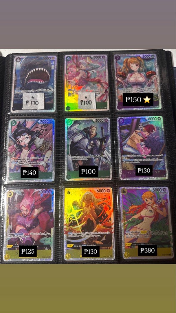 ONE PIECE TCG: PROMOS AND SRs (Category: Raw Singles) located in Quezon City. Submitted by zeus.seus (Listing ID 1425415512, Image 3). Description: ONE PIECE TCG: Promo and SR Cards 🤑 All prices are below market value! 😁 please check pictures for prices. Cards with a star ⭐️ indicate that I have 2 of them available. All cards are well taken care of and mint condition! Take all price: ₱5,500 Price for Promo Cards (All 5 Set): ₱800 Mode of Paymen