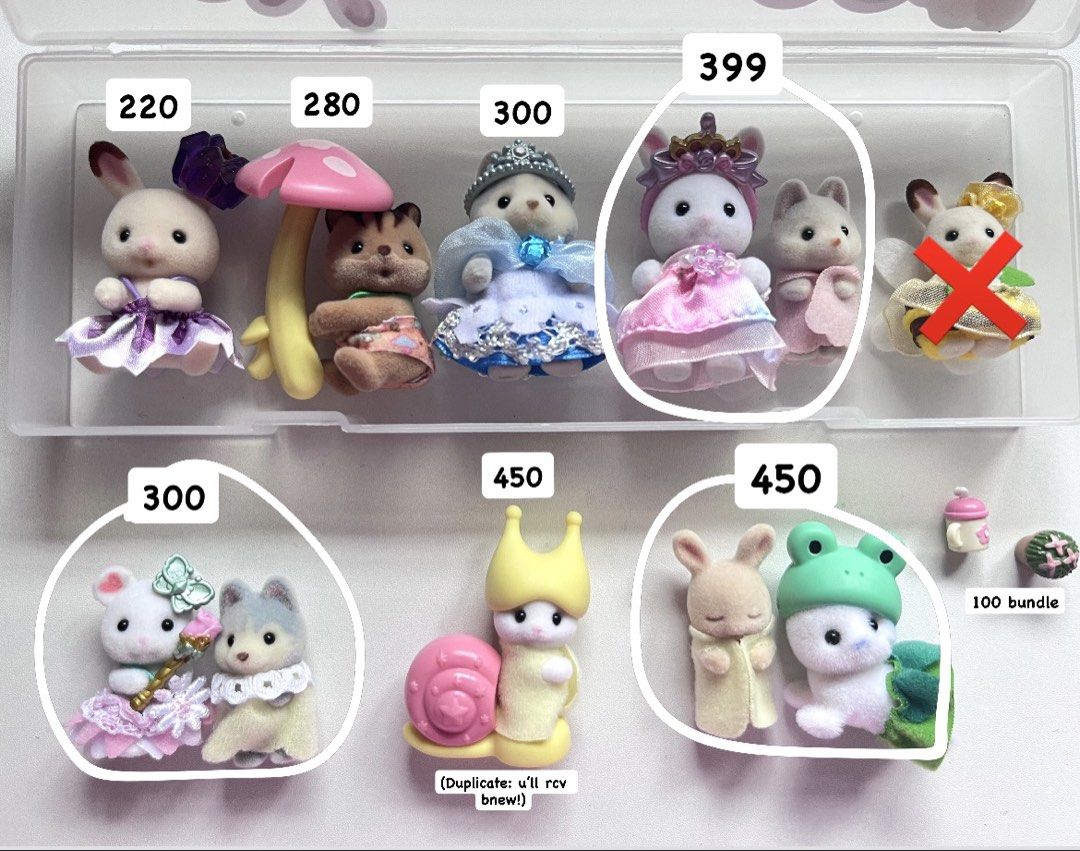 Sylvanian Families Figurines bundles (Category: Figurines & Statues) located in Pasay City. Submitted by mkaa.24 (Listing ID 1425274683, Image 1). Description: SLIDE TO SEE WHATS LEFT Update: Available ✅ Sleeping rab secret ✅ Rabbit in purple dress Bundle price: 300 .