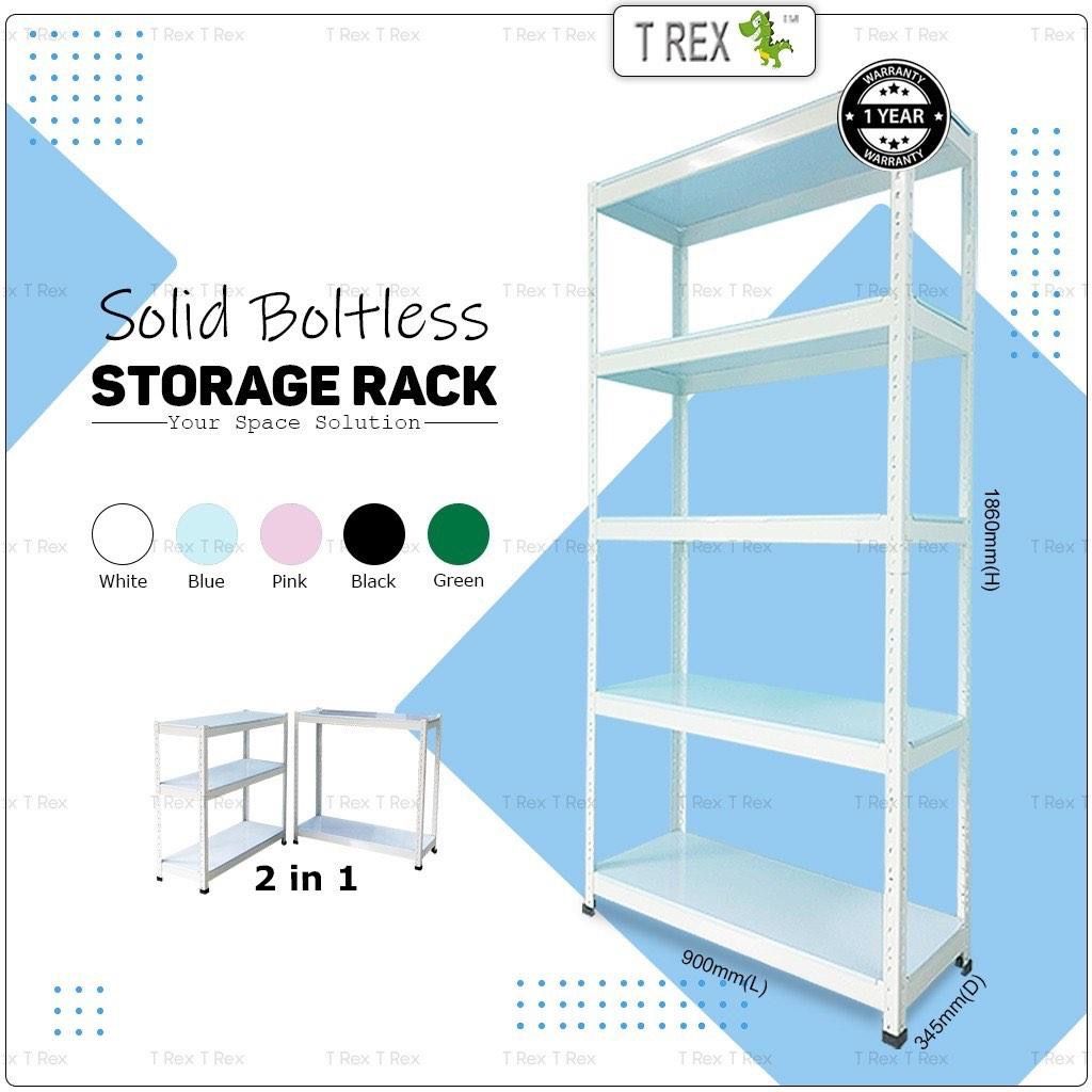 T Rex Solid Boltless Storage Rack (Category: Shelves, Cabinets & Racks) located in Shah Alam. Submitted by ana_nhh (Listing ID 1425432439, Image 1). Description: Rak 5 tingkat - full metal. Saya beli satu rm250 mcm tu. Nak jual balik rm100 satu. Reason nak jual - sebab dah tak berniaga lagi. Dulu saya guna utk simpan stok baju/tudung. Boleh jumpa/ambil barang di Aeon Big Batu Pahat. Boltless Design Baby blue + white 345mm(D) x 900mm(L) x 1860mm(H