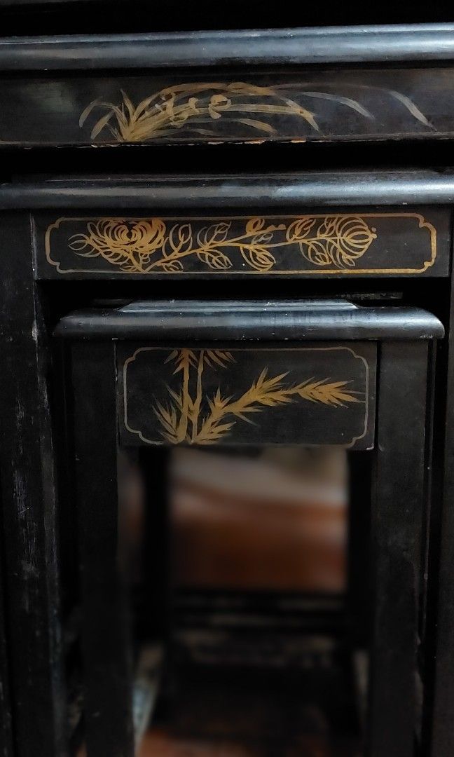 Vintage Chinese Nesting Tables (Category: Tables & Sets) located in Makati City. Submitted by geesharma_08 (Listing ID 1425338918, Image 3). Description: Rare and eye-catching mid-20th century decorative piece. This set of 4 ebonized nesting tables features inlaid mother-of-pearl and soapstone figural designs under glass tops. Hanpainted golden motifs are showcased around the edges. Previously used for display only (with minor signs of aging). Di