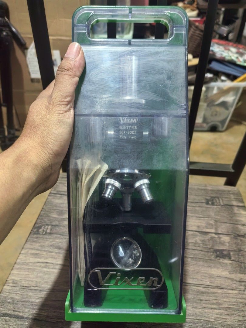 Vixen Mighty-800 Microscope (Category: Medical Supplies & Tools) located in Cebu City. Submitted by dudes_villanueva (Listing ID 1425440179, Image 2). Description: Vixen Mighty-800 Microscope. 📌Magnification: Offers a wide field magnification range from 50x - 800x 📌Type: It is a Japan-made compound microscope, often categorized as a vintage or student model. 📌Included Accessories: Typically comes with a "Micro Study Book" and other beginner-fr