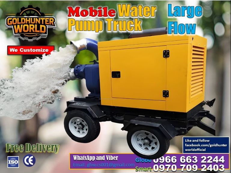 Water Pump Truck (Category: Construction Tools & Equipment) located in Pasig City. Submitted by ernalyn.22 (Listing ID 1425306765, Image 2). Description: 6-Inch Diesel Engine Self-Priming Pump Set Rated Flow Rate 280 m³/h Mobile Water Pump Truck ₱586,752.00 60% Depost 40% 🔹 Pump Specifications Item Details Pump Type Self-priming centrifugal pump Inlet Size 150 mm (6 inches) Outlet Size 150 mm (6 inches) Rated Flow Rate 280 m³/h Rated Head 20 met