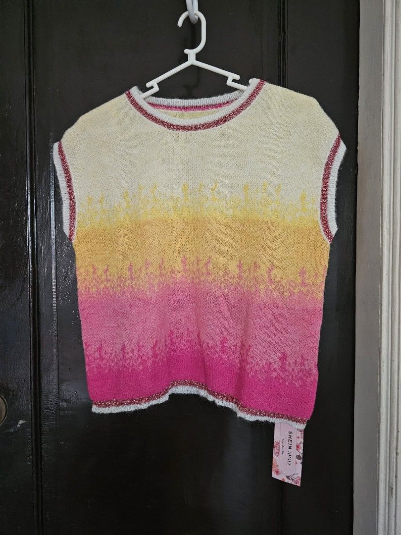 Women's Gradient Knit Vest (Category: Shirts) located in Marikina City. Submitted by elasellsstuff (Listing ID 1425335448, Image 1). Description: Women's Gradient Knit Vest Brand: Shein Color: Pink and yellow Size: Medium ✅ 250 pesos ✅ Brand new with tags (sinukat lang) 🛵 Delivery via Lalamove or GrabExpress ONLY ‼️ 📦 Buyer to shoulder delivery .
