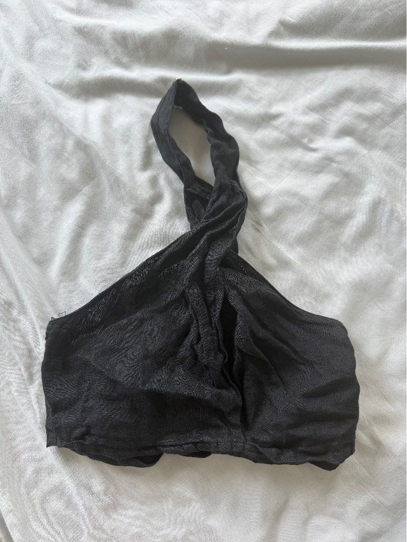 Zara Black Linen Halter Top (Category: Sleeveless) located in Mandaluyong City. Submitted by cambeeb (Listing ID 1425289256, Image 3). Description: Zara Black halter top. Features a wrap-around design with tie closure. The top has a halter neckline with button closure at the back. -Used few times only -Super cute top for summer that can easily be paired with high-waist shorts or pants -Hard to let go but not my style anymore -No when worn .