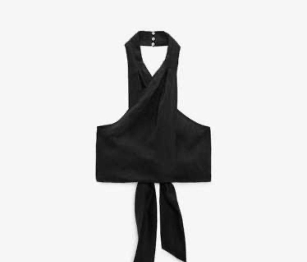 Zara Black Linen Halter Top (Category: Sleeveless) located in Mandaluyong City. Submitted by cambeeb (Listing ID 1425289256, Image 1). Description: Zara Black halter top. Features a wrap-around design with tie closure. The top has a halter neckline with button closure at the back. -Used few times only -Super cute top for summer that can easily be paired with high-waist shorts or pants -Hard to let go but not my style anymore -No when worn .