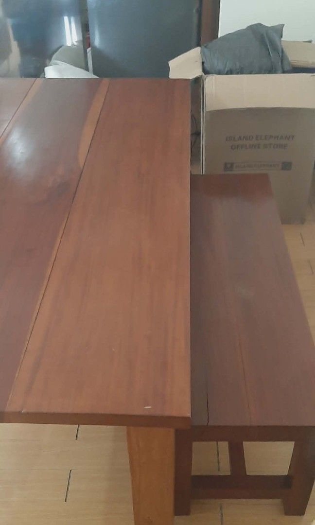 6-Seater Rectangular Dining Table Set (Category: Tables & Sets) located in Mandaluyong City. Submitted by sappysabb (Listing ID 1420954348, Image 2). Description: 6-Seater Rectangular Dining Table Set Price: Php 23,000 (negotiable) UPDATED LAST PRICE: 15,000 • Condition: Slightly used with minimal cosmetic stains lang. pwede pa ivarnish • Size: L 5’ (1.5m) x D 3’ (0.9m) x H 2’7” (0.8m) • Material: Solid wood (Mahogany) RFS: Owner has migrated abr