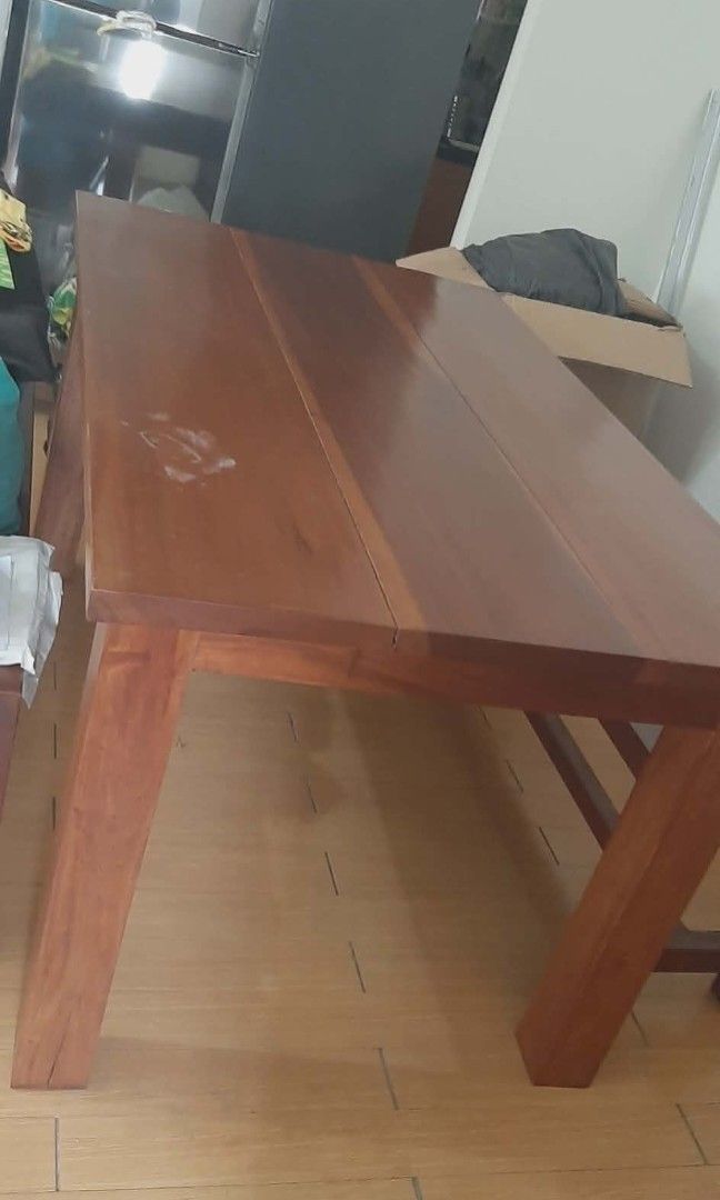 6-Seater Rectangular Dining Table Set (Category: Tables & Sets) located in Mandaluyong City. Submitted by sappysabb (Listing ID 1420954348, Image 3). Description: 6-Seater Rectangular Dining Table Set Price: Php 23,000 (negotiable) UPDATED LAST PRICE: 15,000 • Condition: Slightly used with minimal cosmetic stains lang. pwede pa ivarnish • Size: L 5’ (1.5m) x D 3’ (0.9m) x H 2’7” (0.8m) • Material: Solid wood (Mahogany) RFS: Owner has migrated abr