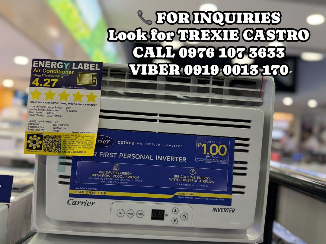 🟪 CARRIER WINDOW TYPE FULL DC INVERTER OPTIMA SERIES WCART006EEV .5HP 🟪 ...