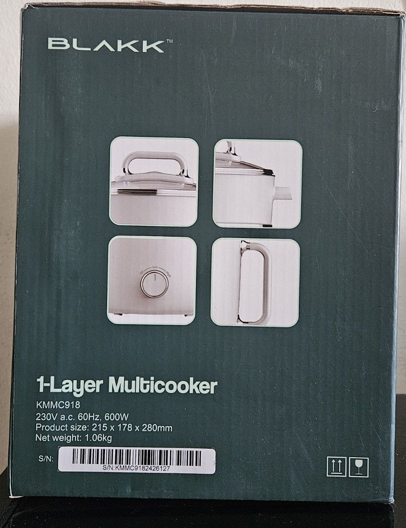 Blakk 1-Layer Multicooker (Category: Cookers) located in Manila. Submitted by allysa_trinkets (Listing ID 1425492819, Image 3). Description: Blakk 1-Layer Multicooker has a 1.8L capacity. It features a cool touch plastic outer layer, glass lid with handle, and stainless steel inner body. It also includes a stainless steel steamer and egg holder. The multicooker has a knob control function. It operates at 230V a.c., 60Hz, and 800W..