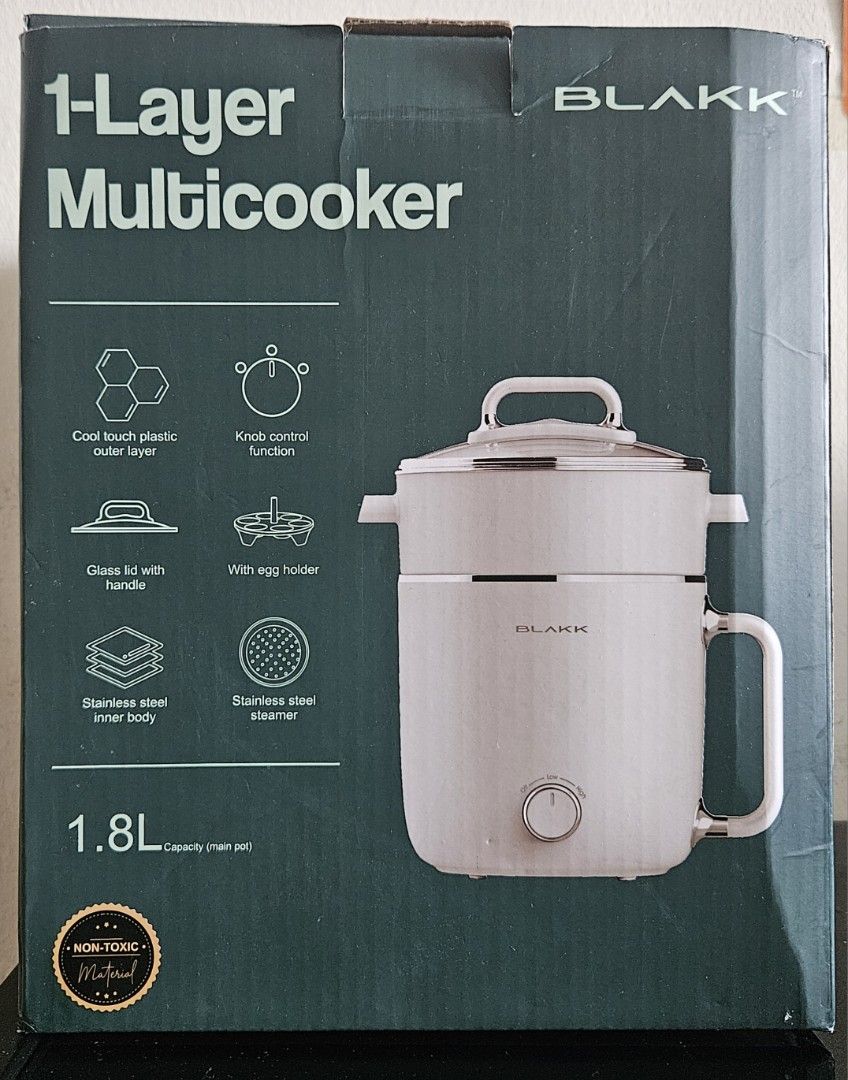 Blakk 1-Layer Multicooker (Category: Cookers) located in Manila. Submitted by allysa_trinkets (Listing ID 1425492819, Image 1). Description: Blakk 1-Layer Multicooker has a 1.8L capacity. It features a cool touch plastic outer layer, glass lid with handle, and stainless steel inner body. It also includes a stainless steel steamer and egg holder. The multicooker has a knob control function. It operates at 230V a.c., 60Hz, and 800W..