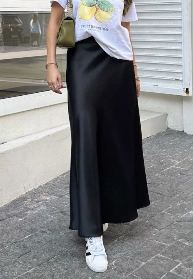 [BNWOT] Black Satin Midi Skirt (Category: Skirts) located in Quezon City. Submitted by dcltrrr8 (Listing ID 1425548741, Image 1). Description: Never been used. Waist 26-27” Length 31.5” Bought in Vietnam. Fabric is premium thick quality, not the thin ones you get from online stores. Also not stretchy and zip back closure. Not garterized. RFS: too big for me..
