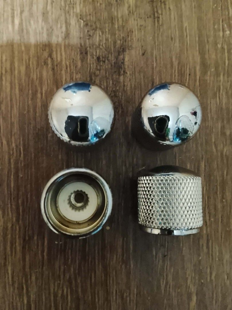 Chrome guitar Knobs (Category: Music Accessories) located in Manila. Submitted by the_simple_things (Listing ID 1425554697, Image 1). Description: Zinc Alloy Metal Chrome Finish Electric Guitar/Bass knobs. Push in knobs 4 pcs. set -Php 250.00.