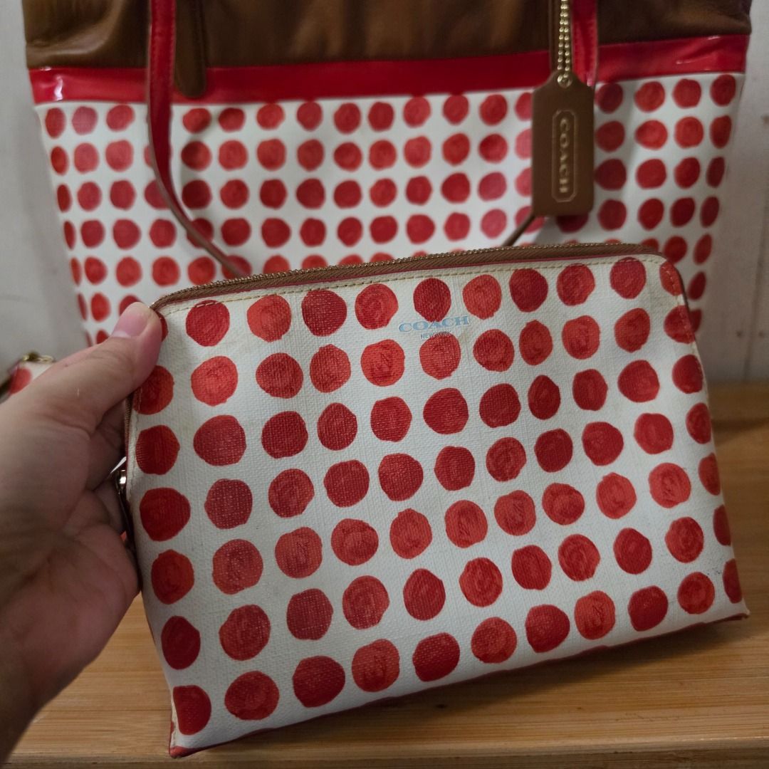Coach Polka Dot Handbag Set (Category: Luxury Bags & Wallets) located in Subic. Submitted by lucky_jayden_authenticitems (Listing ID 1425491011, Image 3). Description: Coach handbag set features a tote bag, a wristlet, and a small pouch, all with a white and red polka dot pattern. The tote bag has brown leather handles and trim, a red interior, and a Coach hang tag. The wristlet and pouch have a matching design. The tote bag has a zip closure and
