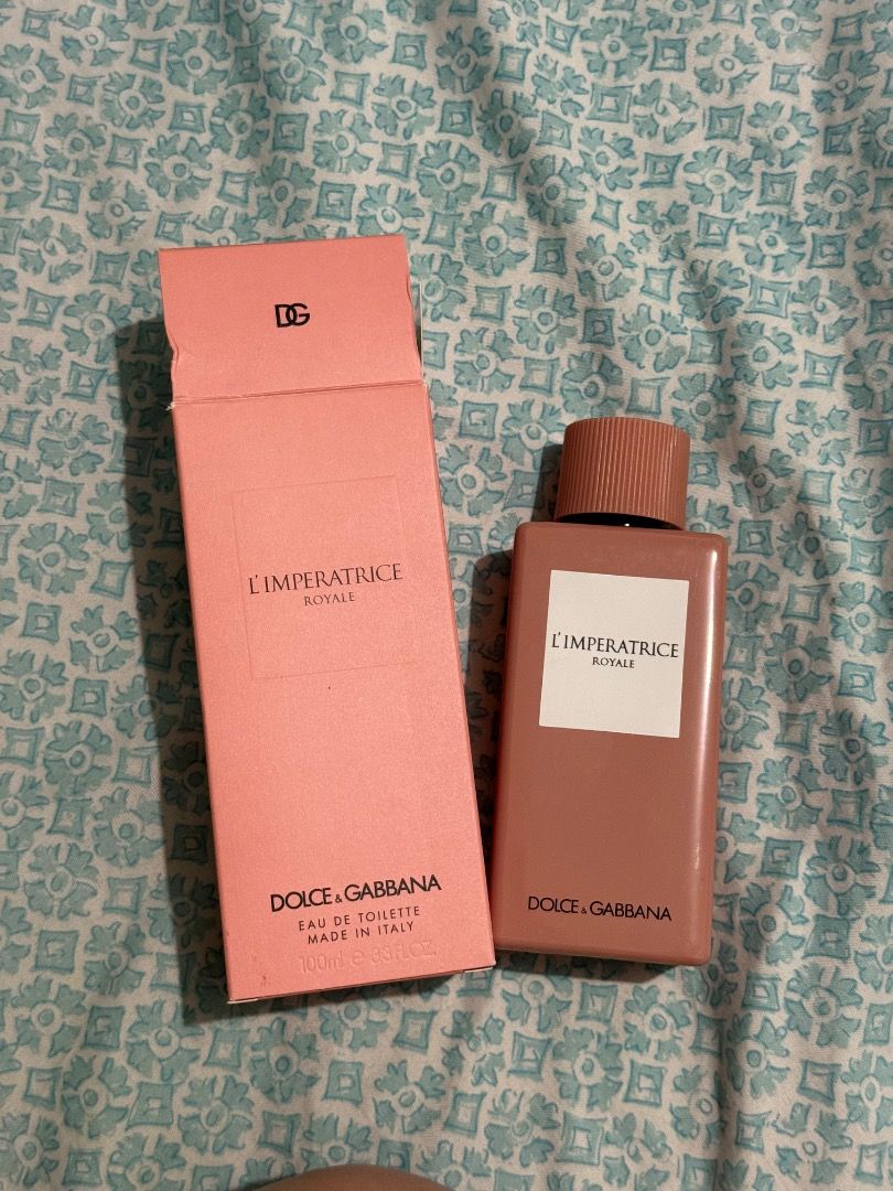 Dolce & Gabbana L'Imperatrice Royale 100ml (Category: Fragrance & Deodorants) located in Caloocan City. Submitted by ellads (Listing ID 1425583522, Image 1). Description: Dolce & Gabbana L'Imperatrice Royale Eau de Toilette. The bottle contains 100ml. The box and bottle are in a pinkish-brown color. The fragrance is for women. Made in Italy. Got it as a gift but prefer other scent. Price negotiable.