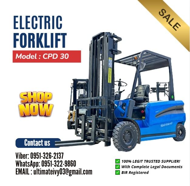 Electric Forklift Model : CPD 30 (Category: Everything Else Others) located in Caloocan City. Submitted by casesarian62993 (Listing ID 1425495213, Image 1). Description: Model : CPD 30 Power : Storage Battery Loading Capacity : 3000kg Load Capacity : 500mm Lifting Height : 3000m Free Lifting Height : 150mm Fork Length : 1220mm Door Frame Dip Angle (Font/Rear ) : 6/12 Min Outside Turning Radius : 2500mm Minimum Right Channel : 2800mm Min. Height O