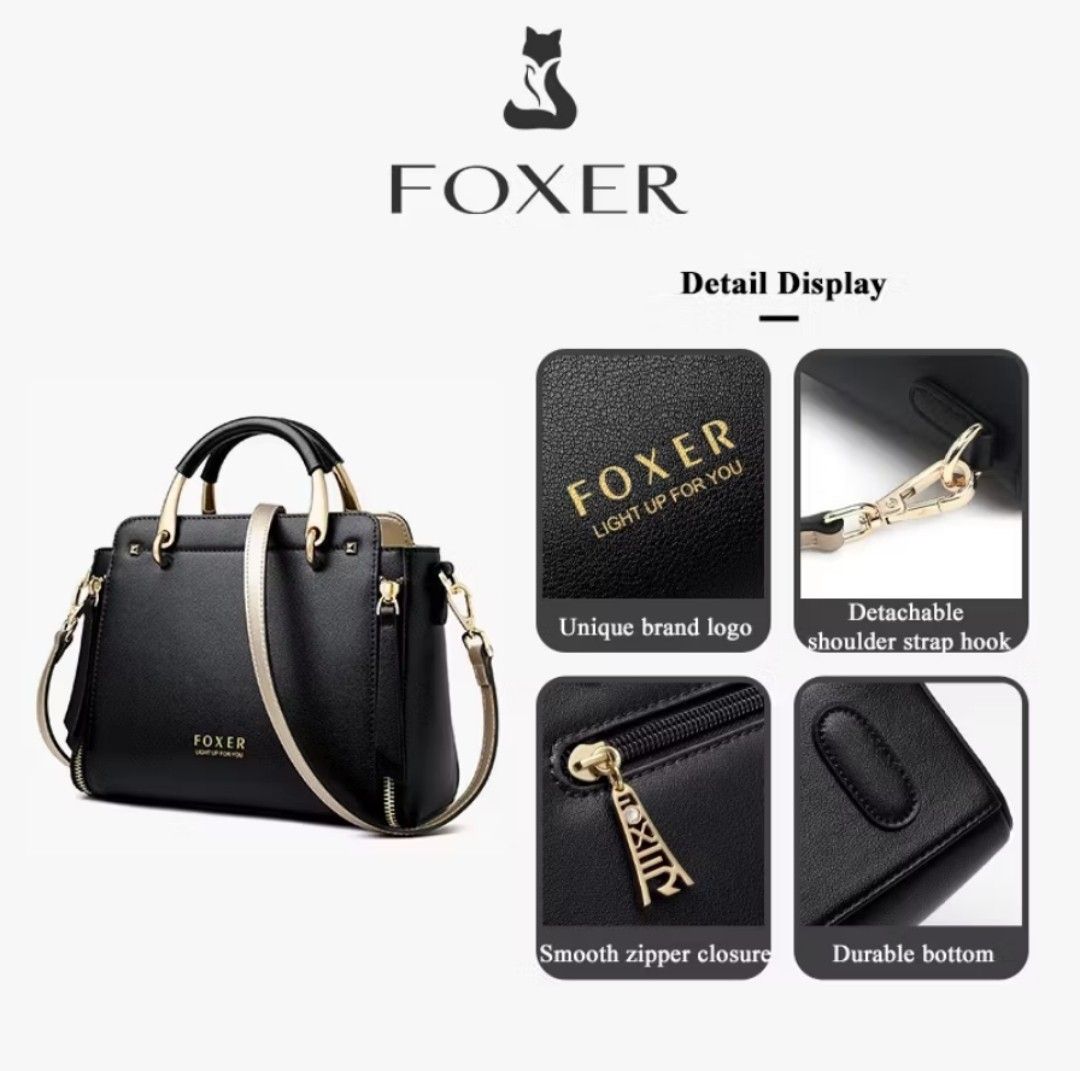 Foxer Red Handbag (Category: Luxury Bags & Wallets) located in Manila. Submitted by crustynico23 (Listing ID 1425582111, Image 3). Description: Red handbag features a top handle and a detachable shoulder strap. It has gold-colored zippers and hardware. The brand name "Foxer" is visible on the front. The bag has a main compartment and side pockets. with slight mark at end picts orig price: 1900.