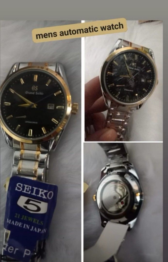 Grand Seiko Spring Drive Watch (Category: Luxury Watches) located in Manila. Submitted by crustynico23 (Listing ID 1425492062, Image 1). Description: Elegant Grand Seiko watch with a black dial and gold accents. Features a two-tone silver and gold bracelet. The watch has a visible automatic movement on the back. Includes a Seiko 5 tag. Made in Japan..