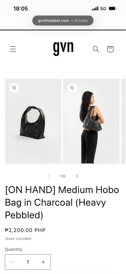 GVN: Medium Hobo Bag in Charcoal (Category: Shoulder Bags) located in Mandaluyong City. Submitted by coco.label (Listing ID 1425540828, Image 2). Description: Bnew used once No Carabiner and box alrdy .