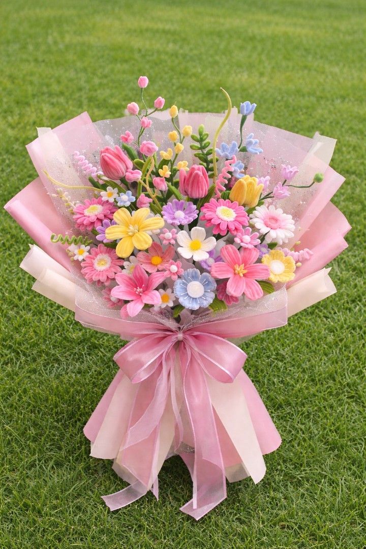 Handmade Flower Bouquet (Category: Flowers & Bouquets) located in Las Pinas. Submitted by thrifty_style (Listing ID 1425521978, Image 1). Description: Beautiful handmade flower bouquet. Features a variety of colorful flowers, including pink, yellow, and blue blooms. The bouquet is wrapped in pink and white paper and tied with a pink ribbon. Perfect for gifting or as a decorative piece..
