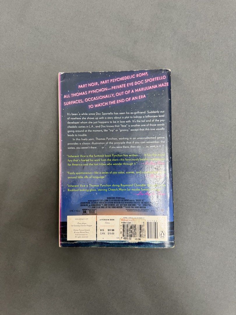 Inherent Vice by Thomas Pynchon (Category: Storybooks) located in Paranaque City. Submitted by redreads (Listing ID 1425574688, Image 2). Description: paperback size. book is authentic, not reprint. rfs: decluttering, need shelf space for new books; duplicate copy MOP: Gcash | BDO MOD: Lalamove | J&T (shipping fee to be shouldered by buyer).