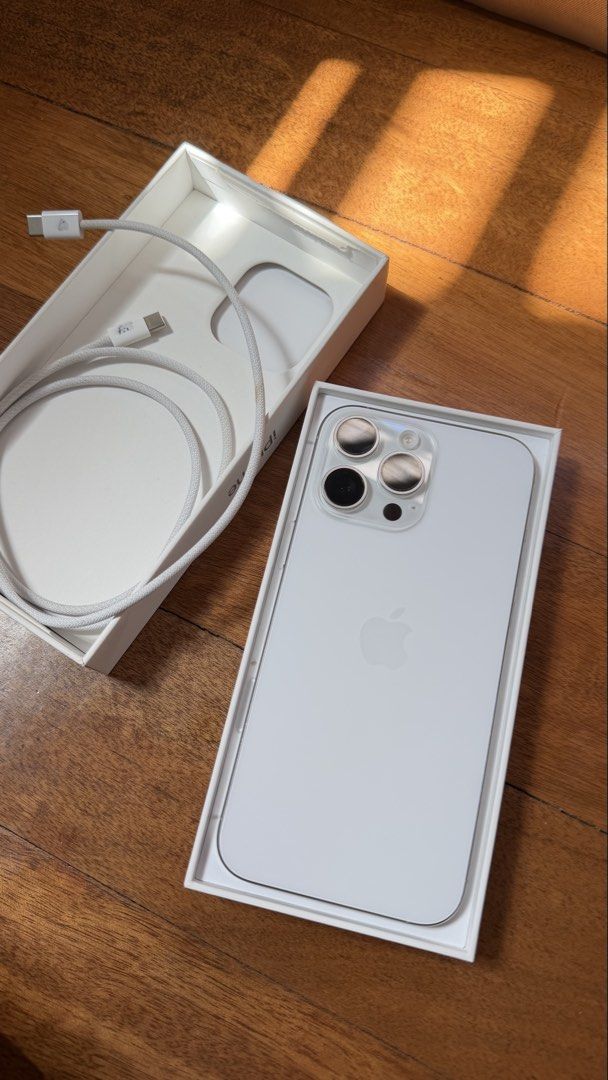 IPHONE 16 PROMAX (Category: iPhone 16 Series) located in Cainta. Submitted by abaabeleyy (Listing ID 1425497124, Image 2). Description: iphone 16 promax 256 gb - white titanium - 🔋 93% - smart locked comes with original cord, box, manual, ejector ALL WORKING NO ISSUE .