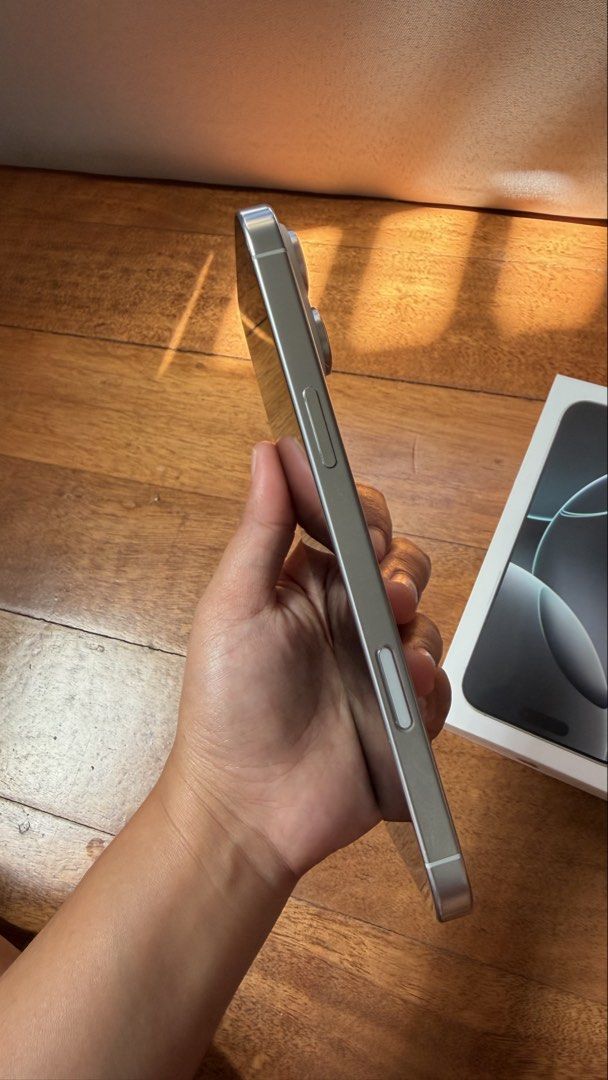 IPHONE 16 PROMAX (Category: iPhone 16 Series) located in Cainta. Submitted by abaabeleyy (Listing ID 1425497124, Image 3). Description: iphone 16 promax 256 gb - white titanium - 🔋 93% - smart locked comes with original cord, box, manual, ejector ALL WORKING NO ISSUE .