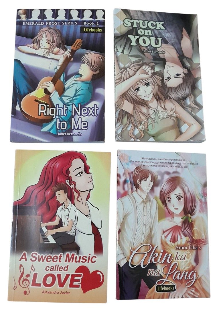 Lifebooks Romance Novels (Category: Storybooks) located in Mandaluyong City. Submitted by twixie94147 (Listing ID 1425556881, Image 1). Description: Set of four Lifebooks romance novels. Titles include "Right Next to Me" by Janet Bernardo, "Stuck on You" by Janet Bernardo, "A Sweet Music Called Love" by Alexandra Javier, and "Akin Ka Na Lang" by Amor Filia's. Perfect for those who enjoy Filipino romance stories..