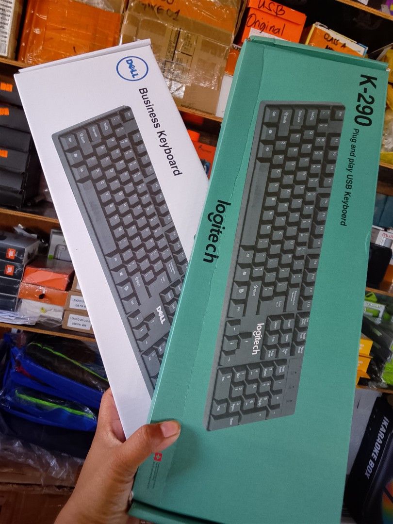 Logitech K-290 and Dell Business Keyboards (Category: Computer Keyboard) located in Cebu City. Submitted by gracemarvin06 (Listing ID 1425494625, Image 1). Description: Key Technical Specifications: Connection: USB-A Wired (Plug-and-Play) Cable Length: Typically 1.5 meters to 1.8 meters Layout: Full-size (104/105 keys) with numeric keypad Key Type: Membrane (often low-profile) Key Lifespan: $\sim$10,000,000 keystrokes Dimensions: Approx. 440–450m