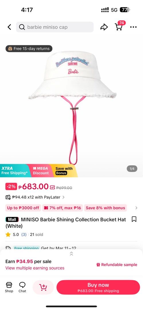 MINISO Barbie Shining Collection Bucket Hat (White) (Category: Caps & Hats) located in Quezon City. Submitted by jielr (Listing ID 1425521105, Image 2). Description: MINISO Barbie Shining Collection Bucket Hat (White) features a classic and stylish design in crisp white, perfect for sun protection with a touch of Barbie elegance..
