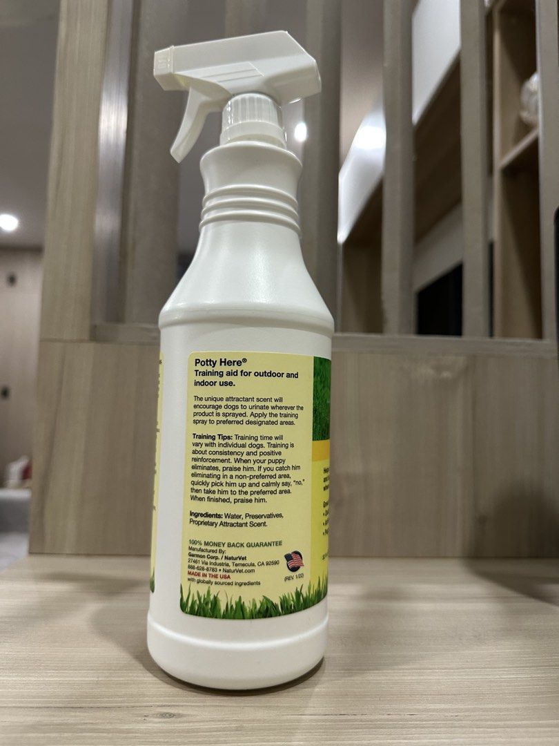 NaturVet Potty Here Training Aid (Category: Homes & Other Pet Accessories) located in Manila. Submitted by bellevd (Listing ID 1425593922, Image 3). Description: - Only used about 10% - Used only for about 3 weeks SINCE IT WAS SUPER EFFECTIVE! - NaturVet Potty Here is a training aid for puppies and dogs. - Suitable for both indoor and outdoor use. - Helps encourage your dog to urinate in designated areas. - Contains water, preservatives, and prop