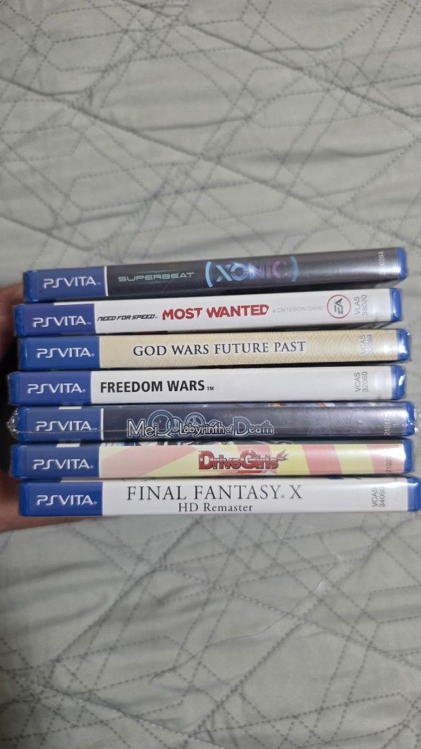 PS Vita Games (Category: PlayStation) located in Marikina City. Submitted by wynlzr3 (Listing ID 1425617794, Image 2). Description: For Sale!!! Selling as Bundle Only!!! PS Vita Games all Brand New and Sealed. Never been opened - Need for Speed: Most Wanted - Final Fantasy X - Freedom Wars - Mei Labyrinth of Death - Superbeat Xonic - God Wars Future Past - Drive Girls 4,200 only Shipping Fee c/o buyer meetup within Marikina.