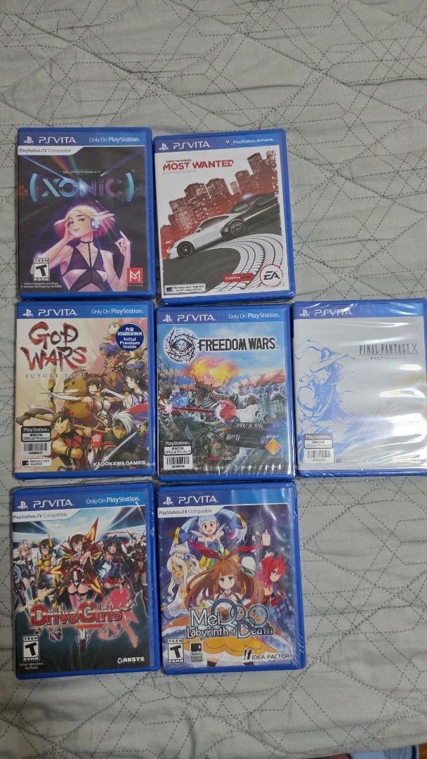 PS Vita Games (Category: PlayStation) located in Marikina City. Submitted by wynlzr3 (Listing ID 1425617794, Image 1). Description: For Sale!!! Selling as Bundle Only!!! PS Vita Games all Brand New and Sealed. Never been opened - Need for Speed: Most Wanted - Final Fantasy X - Freedom Wars - Mei Labyrinth of Death - Superbeat Xonic - God Wars Future Past - Drive Girls 4,200 only Shipping Fee c/o buyer meetup within Marikina.