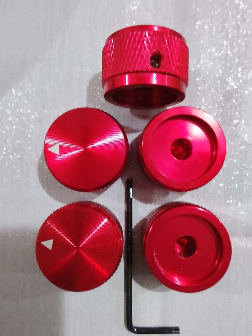 Red Aluminum knobs (Category: Musical Instruments) located in Manila. Submitted by the_simple_things (Listing ID 1425554351, Image 2). Description: Electric Guitar control knobs Zinc alloy Metal material Metallic Red Extra Big knobs. 6mm hole diameter with Hex wrench. 5 pcs. set -Php 350.00.