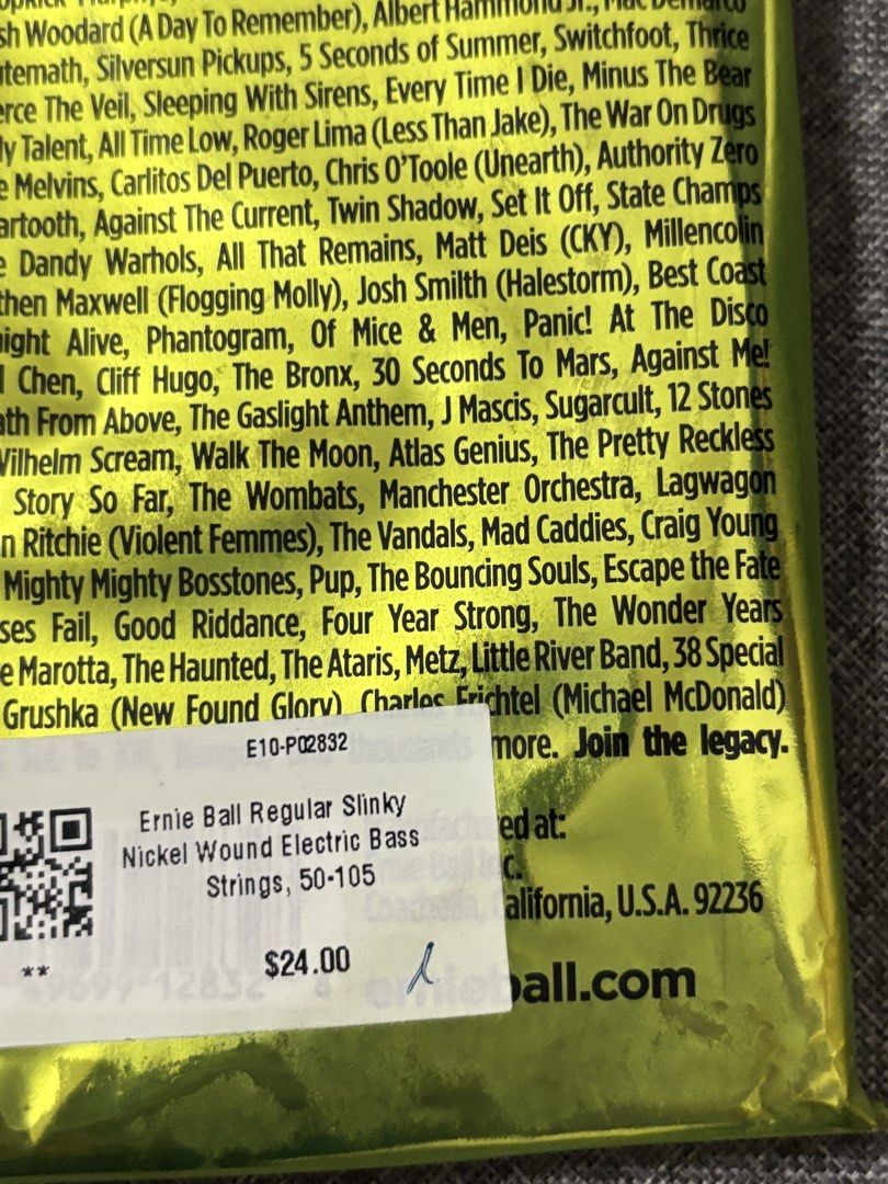 SEALED Ernie Ball regular slinky bass string (Category: Musical Instruments) located in Marilao. Submitted by _dorcas (Listing ID 1425591277, Image 2). Description: bought from sg for $24 (₱1.1k).