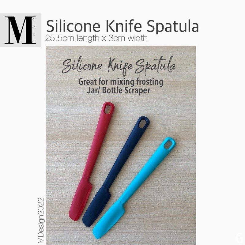 Silicone Knife Spatula (Category: Bakeware) located in Manila. Submitted by mshopmla (Listing ID 1425448270, Image 2). Description: Silicone Knife Spatula Size: 25.5cm L x 3cm W Great for Mixing and scraping frosting and batter Product Code: SKS-R, NB, AB Price: Php 180.00 each #siliconeknifespatula #bakingessential #mshop #themfmshop.